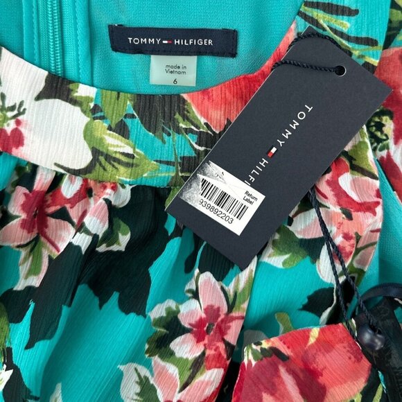 Tommy Hilfiger Teal Floral Printed Halter Patent Belted Midi Dress New NWT 6 - Picture 5 of 5